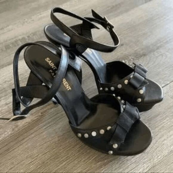 Saint Laurent Black Leather Studded 'Alice' Bow High-Heel Platform Sandals Size: - Picture 7 of 7